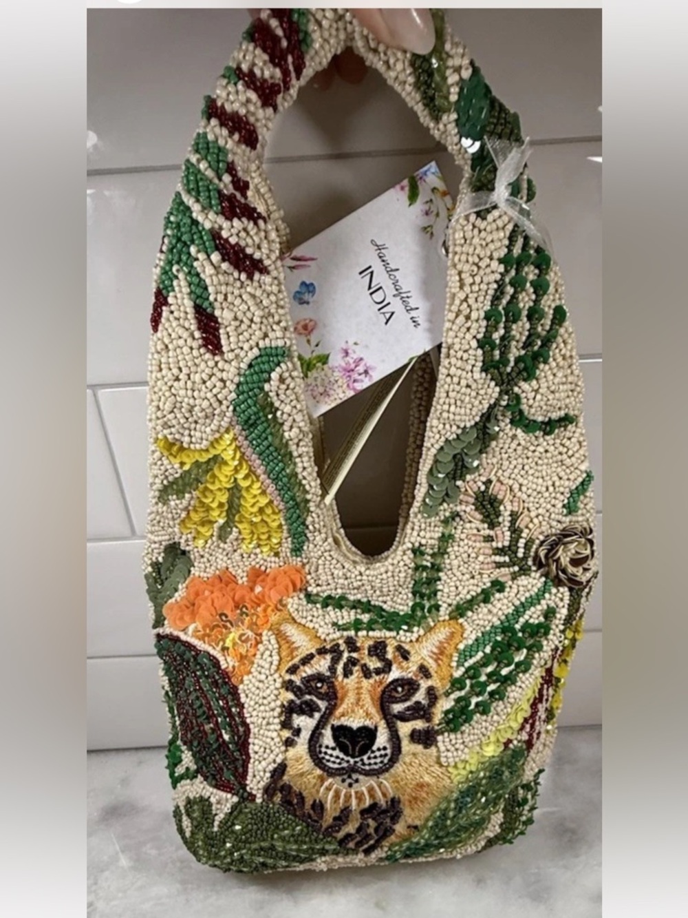 Beaded Leopard Motif Tote Bag - Green & Cream